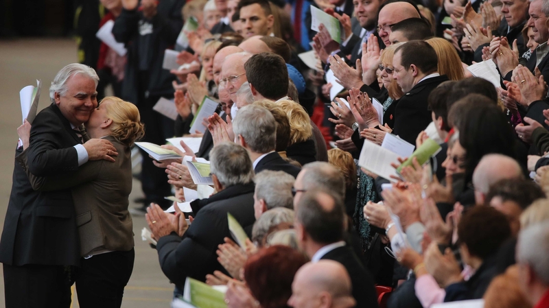 Bill Kenwright, chairman of Everton Football Club is embraced by Margaret Aspinall, chair of the Hillsborough Justice Campaign