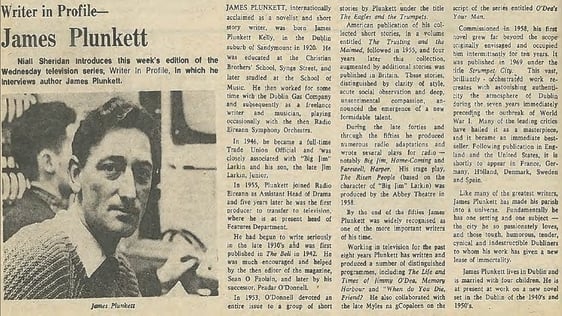 Writer in Profile: James Plunkett 
RTÉ Guide, 16 January 1970.