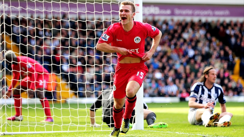 Callum McManaman of Wigan celebrates after scoring the winner.