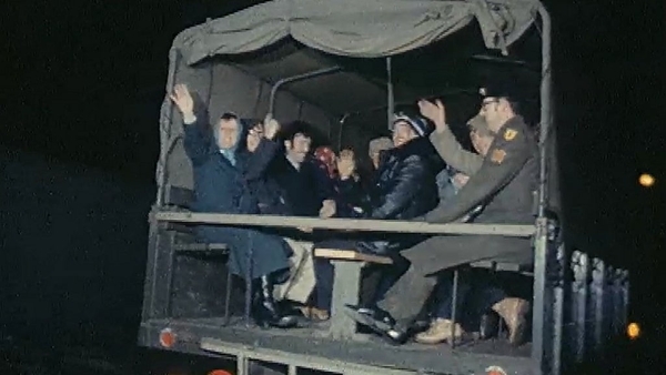 Commuters in army lorry during bus strike (1979)