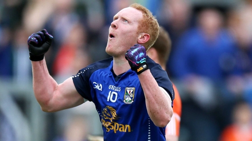 Cian Mackey looks to the heavens after scoring Cavan's goal