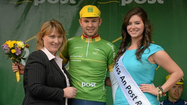 Owain Doull of the Great Britain National Team holds the An Post points-leader jersey