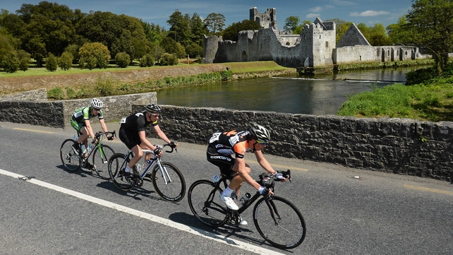 The breakaway group of (right to left) Dan Barry (NODE4 Giordana), Roger Aiken (Louth Prague Charter Team) and Sean Downey (An Post Chain Reaction) led by four minutes as they passed Adare Manor, Co Limerick