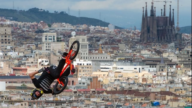 Steve McCann at the BMX Vert Final in Barcelona with La Sagrada Familia, Gaudi Cathedral in the background