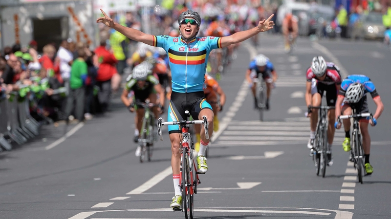 Moreno De Pauw (Belgium National Team) celebrates on the approach to the finish line to win stage five of the An Post Rás