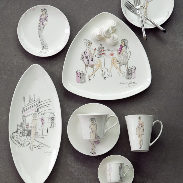 Paul Costelloe for Dunnes Stores. The Living Lady collection. Plate set, €20, triangular platter, €15, serving plate, €15, teacup and saucer, €8, mug, €4, and espresso set, €6.