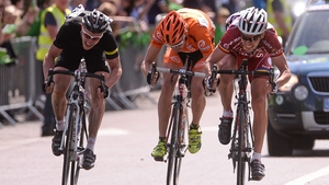 Tomas Okrouhlicky (right) on his way to winningthe stage followed by Roger Aiken (left) and Jakub Kratochvila.