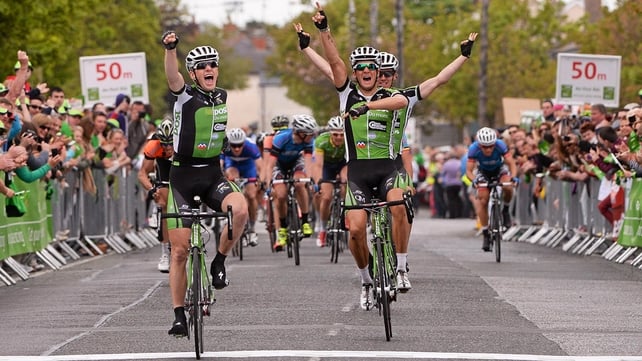 An Post Chain Reaction cyclists, from left, Sam Bennett, Nicholas Vereecken and Shane Archbold cross the finish line in 1st, 2nd, and 3rd place at Skerries.