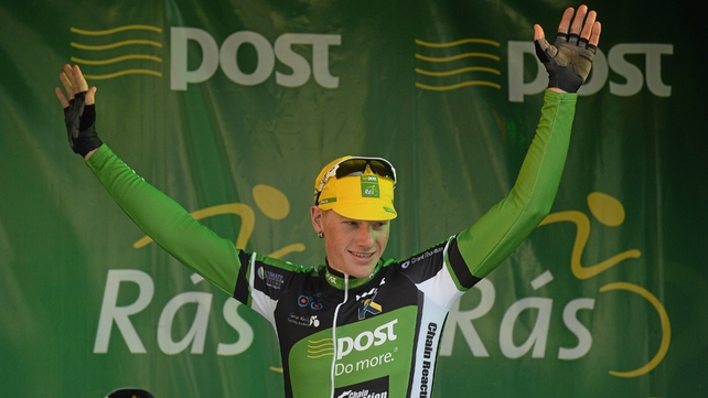Stage winner Sam Bennett on the winners podium for the second time in the Rás