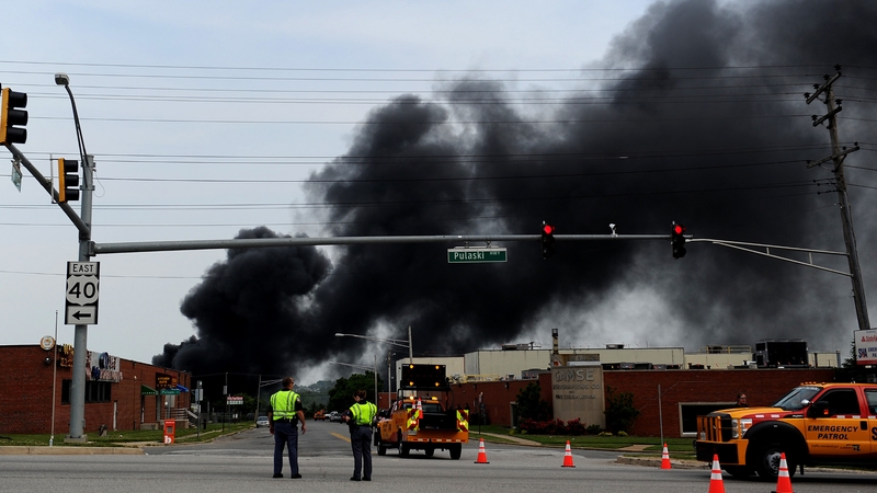 Smoke billows from a train derailment that caused a major explosion in Rosedale, Maryland