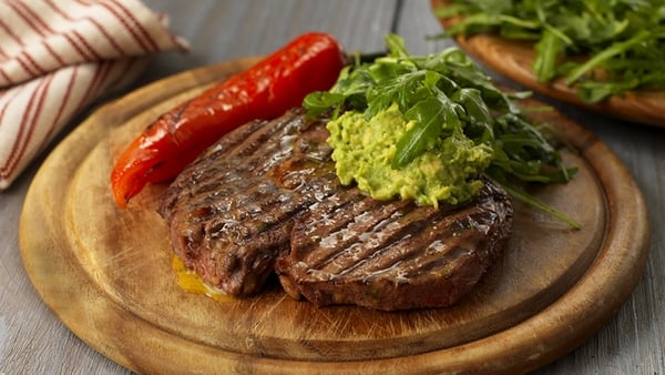 Rib eye steak, Ramiro peppers, crushed avocado and