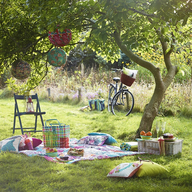 Butterfly by Matthew Williamson cushion from €35, hamper €41, champagne flute €6, jug €20, plates from €7, bowls €15, tray €15, napkin €7, throw €171, all available from Debenhams.