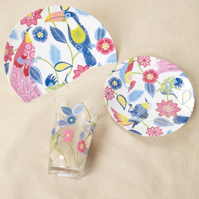 Paradise dinner plate, €4, side plate, €4, acrylic hi-ball glass, €3.50, all available from Marks & Spencer.