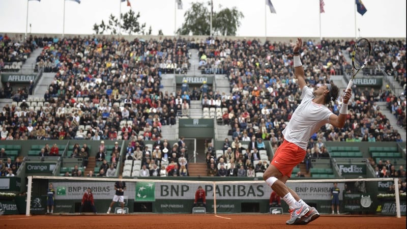 Rafael Nadal serves against Martin Klizan today