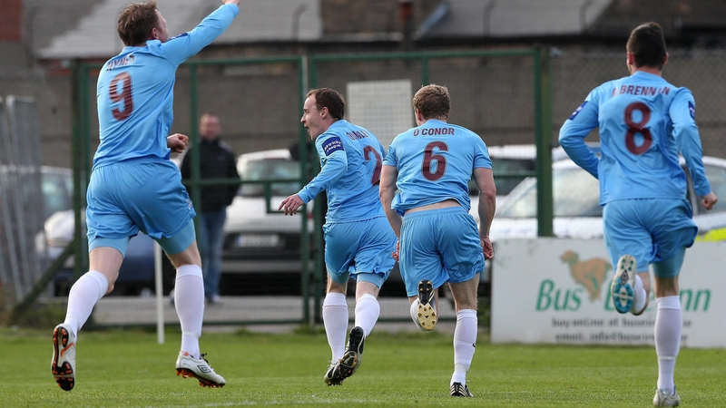 Drogheda celebrate after Stephen Quigley put them ahead at Dalymount Park