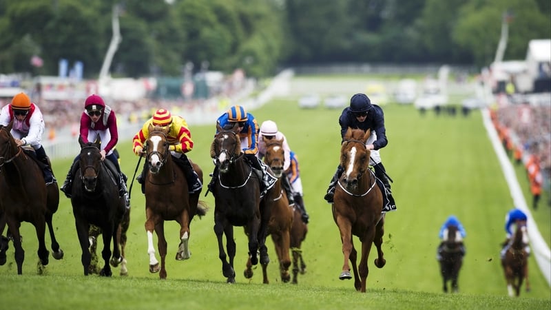 Dawn Approach (right) in the distance as Ruler Of The World (navy) wins Epsom Derby