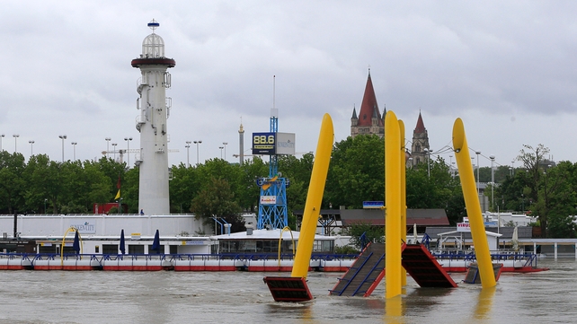 A-closed to access-pedestrian bridge is seen over the Danube river in Vienna
