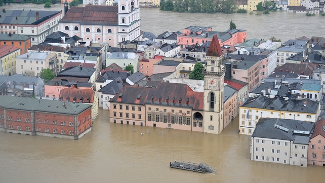 A general view of the flooded historic city centre in Passau, Germany