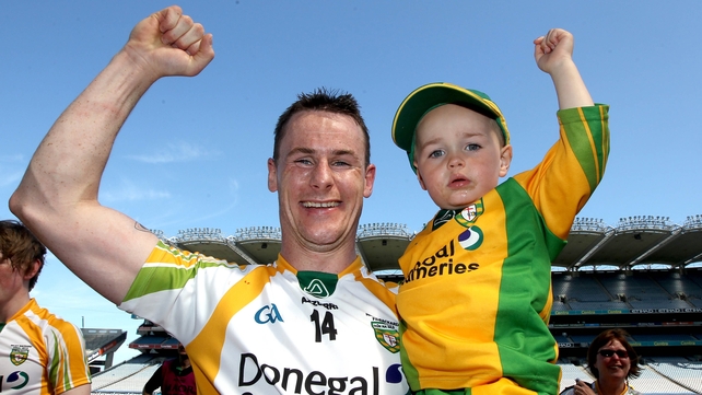 Donegal's Paddy Hannigan celebrates with his son Sean Og after their Nicky Rackard win over Roscommon