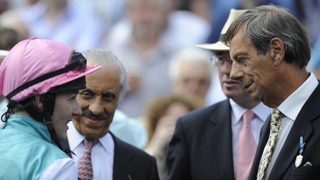 Joy with Juddmonte - Tom Queally debriefs Henry Cecil, Khalid Abdullah and Teddy Grimthorpe after Twice Over wins the Coral Eclipse at Sandown in 2010