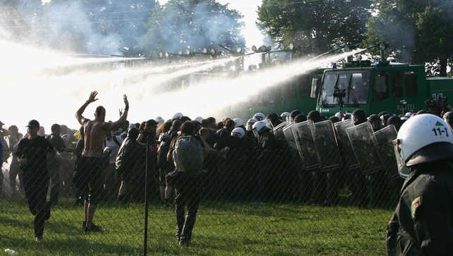 Police use water cannon to disperse protesters at Bollhagen, Germany during the summit at nearby Heiligendamm in 2007