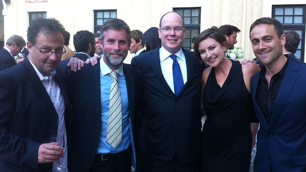 The Love/Hate team (l-r Steve Matthews, David Caffrey, Suzanne McAuley) with Prince Albert II of Monaco (centre) and Irish actor Stuart Townsend (right)