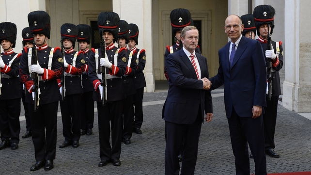 Italian Prime Minister Enrico Letta greets Taoiseach Enda Kenny prior to their meeting at Palazzo chigi in Rome
