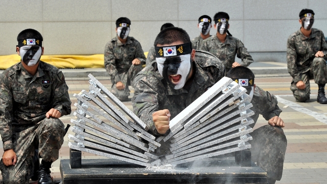 South Korean soldiers perform martial arts as part of preparations for the Asian Indoor and Martial Arts Games in Incheon
