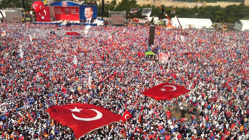 Thousands gather during a rally at Kazlicesma in Istanbul to listen to Recep Tayyip Erdogan
