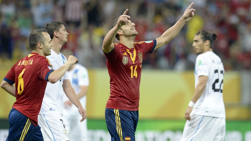 Roberto Soldado celebrates scoring La Roja's second goal in Recife