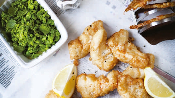 Beer Batter Fish with Pea Mash and Rosti Potato Ca