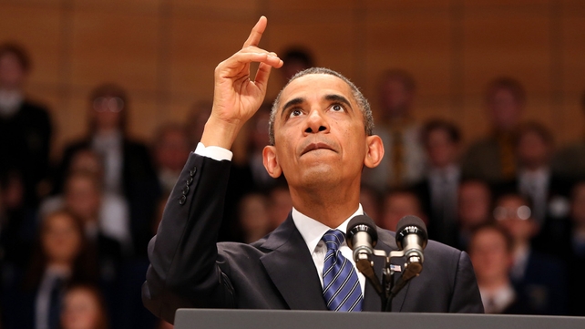 US President Barack Obama delivers a keynote address at Waterfront Hall in Belfast, ahead of the G8 Summit
