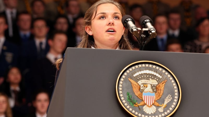Hannah Nelson, 16, speaks ahead of a keynote address by President Obama at the Waterfront