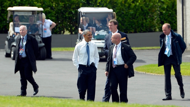 Mr Obama takes a tour of the accommodation for leaders at the Lough Erne resort in Enniskillen