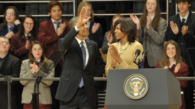 Barack Obama takes to the stage at Belfast's Waterfront Hall