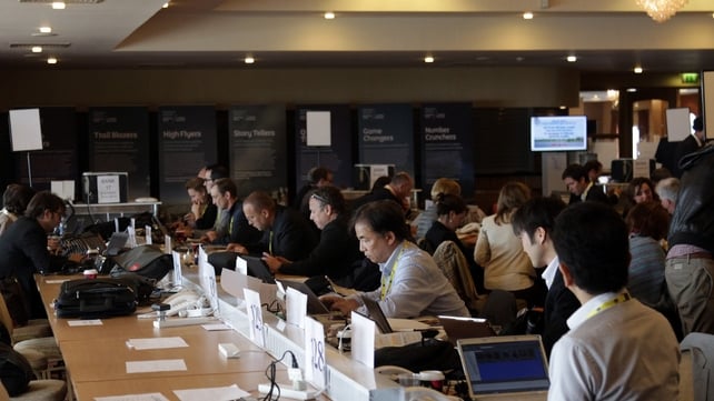 International media work in one of the designated press rooms at the Kellyhevlin Hotel which is being used as the G8 media centre