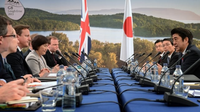 British Prime Minister David Cameron hold talks with Japan's Prime Minister Shinzo Abe during the first day of the G8 summit