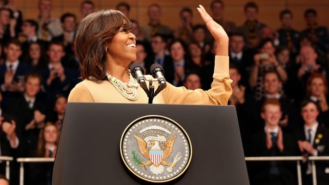 Michelle Obama gave a speech to thousands of students at the Waterfront Hall in Belfast before travelling to Dublin
