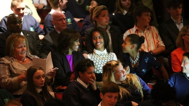 Taoiseach Enda Kenny's wife Fionnuala sits beside the Obamas at a special showing of Riverdance in Dublin's Gaiety Theatre