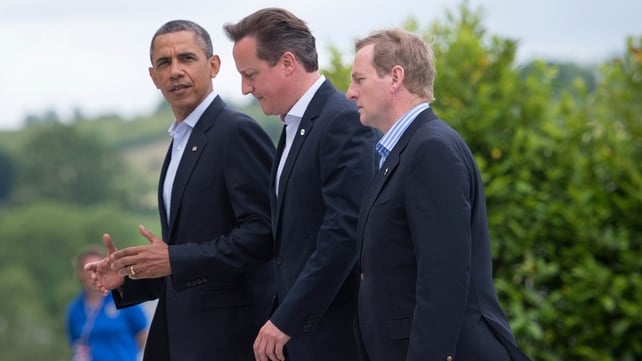 Barack Obama, David Cameron and Enda Kenny take a walk along the shores on Lough Erne