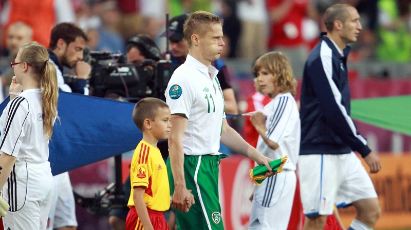 Damien Duff led Ireland out when he won his 100th cap against Italy at Euro 2012