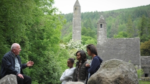Tour guide George McClafferty discusses the history of Glendalough with the First Family