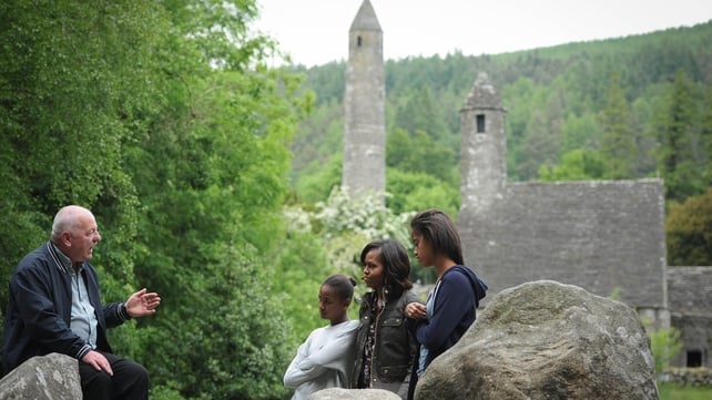 Tour guide George McClafferty discusses the history of Glendalough with the First Family