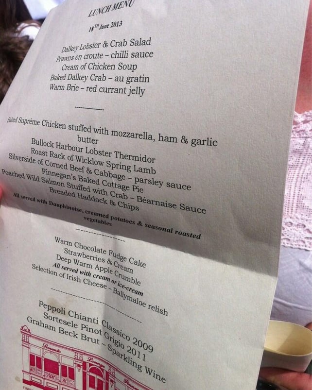 The lunch menu - Chef Pat Finnegan said "everyone went for fish" (Pic: Sinéad Hussey)