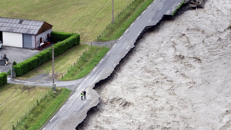 The flooded Lanne river damaged roads in the village of Villelongue