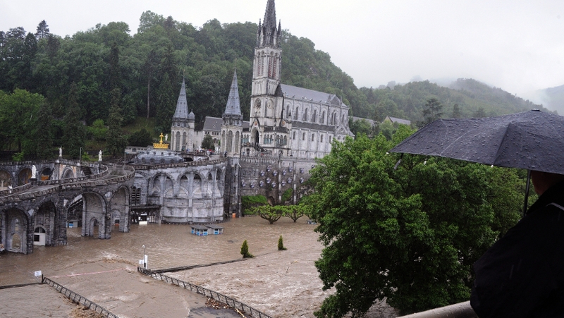 The domain (surrounding area in the grotto complex) in Lourdes was flooded after the Gave de Pau burst its banks