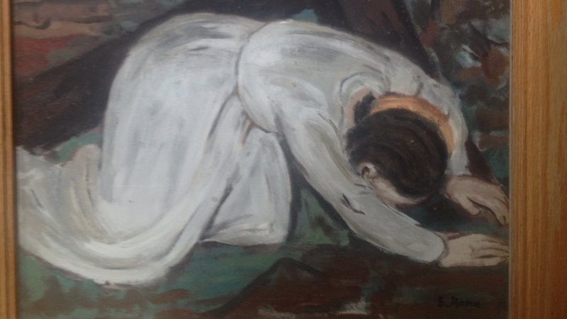 Each of the oil paintings is about three feet by four feet and held in a wooden frame