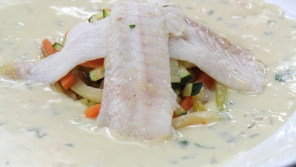 Lemon Sole with spring vegetables in a Bercy sauce