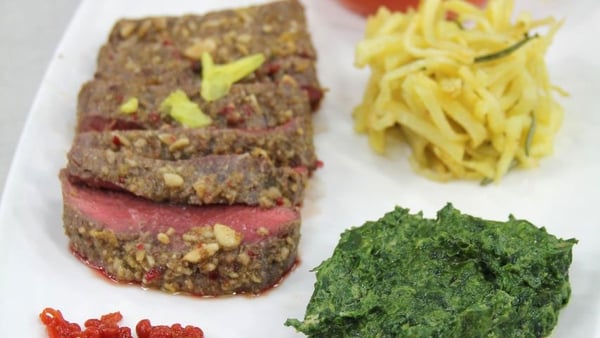 Fillet of lamb with pinenuts, Bloody Mary caviar