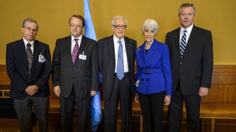 (L-R) US ambassador to Syria Robert Ford, Russian Deputy Foreign Minister Mikhail Bogdanov, UN-Arab League envoy to Syria Lakhdar Brahimi, US Undersecretary of State for Political Affairs Wendy Sherman and Russian Deputy Foreign Minister Gennady Gatilov h